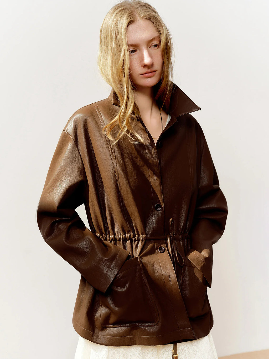 Drawstring Waist Oversized PU Leather Jacket