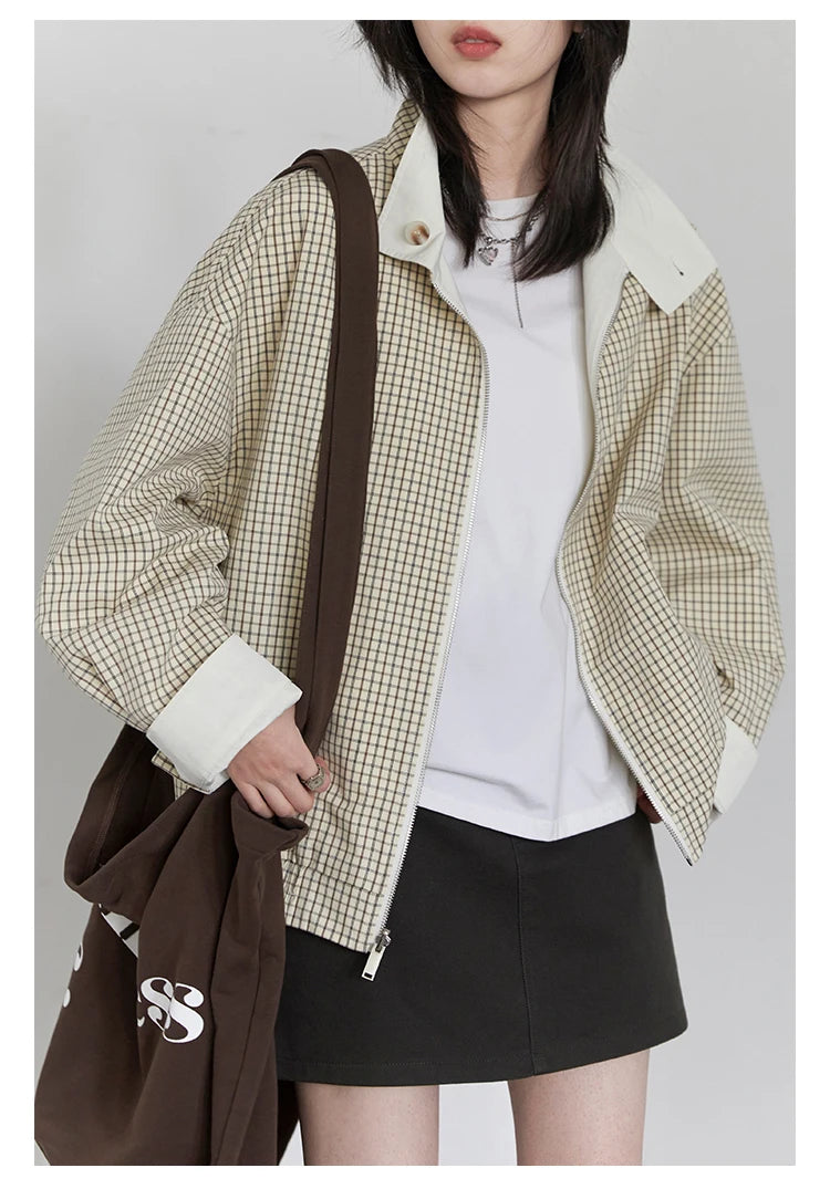 Reversible Plaid &amp; Solid Stand Collar Jacket