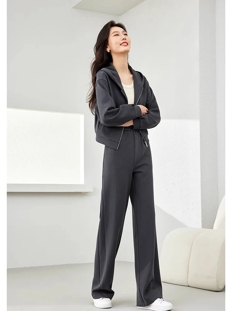 2-Piece Hooded Zip Jacket &amp; Wide-Leg Pants Matching Set