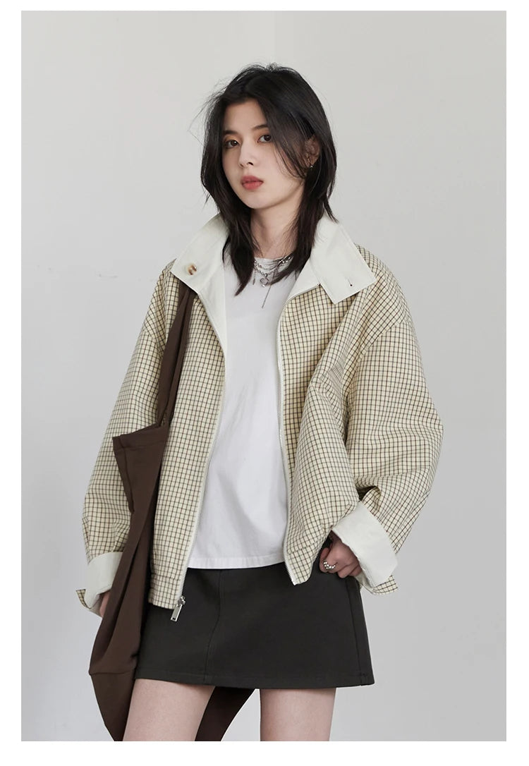 Reversible Plaid &amp; Solid Stand Collar Jacket