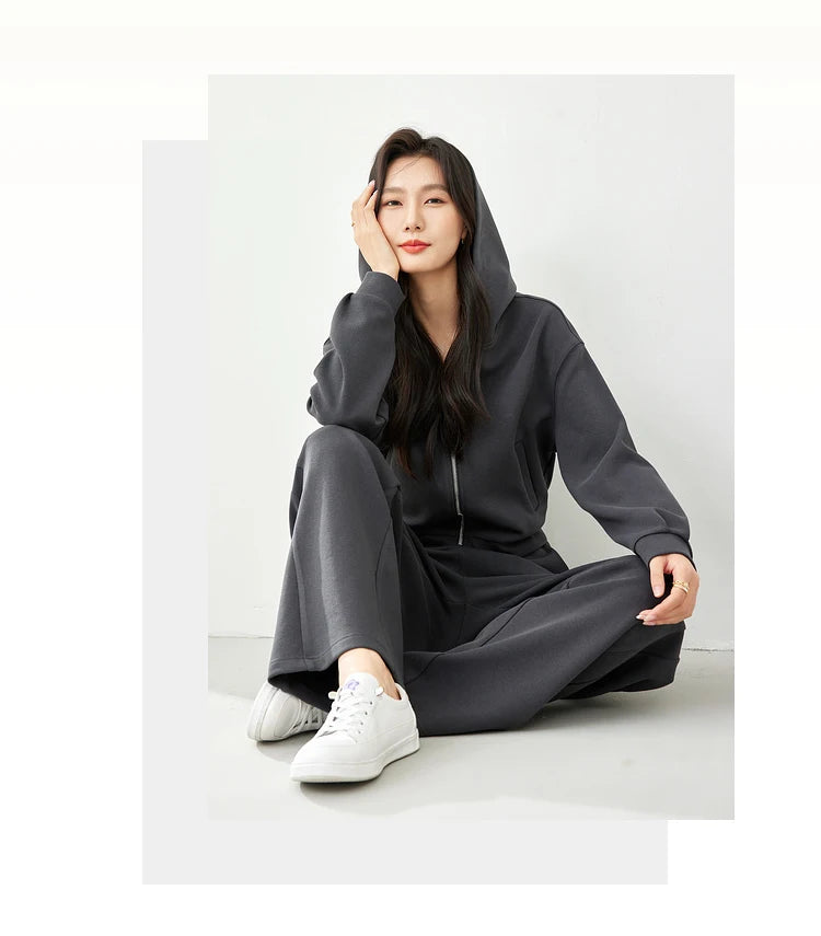 2-Piece Hooded Zip Jacket &amp; Wide-Leg Pants Matching Set