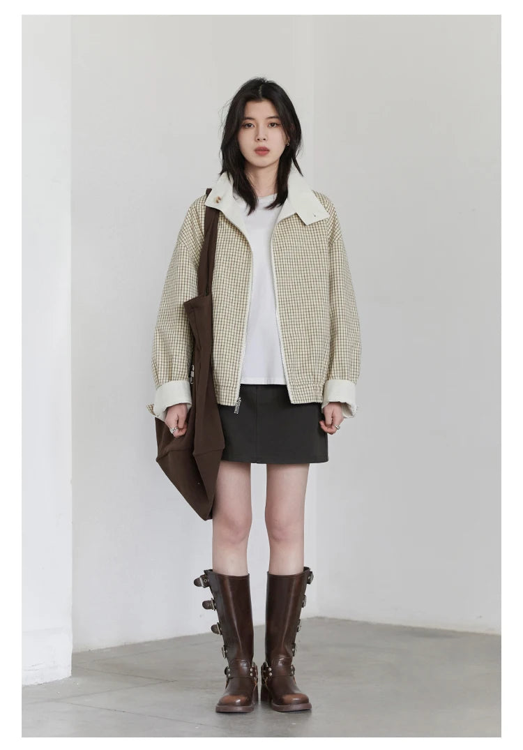 Reversible Plaid &amp; Solid Stand Collar Jacket