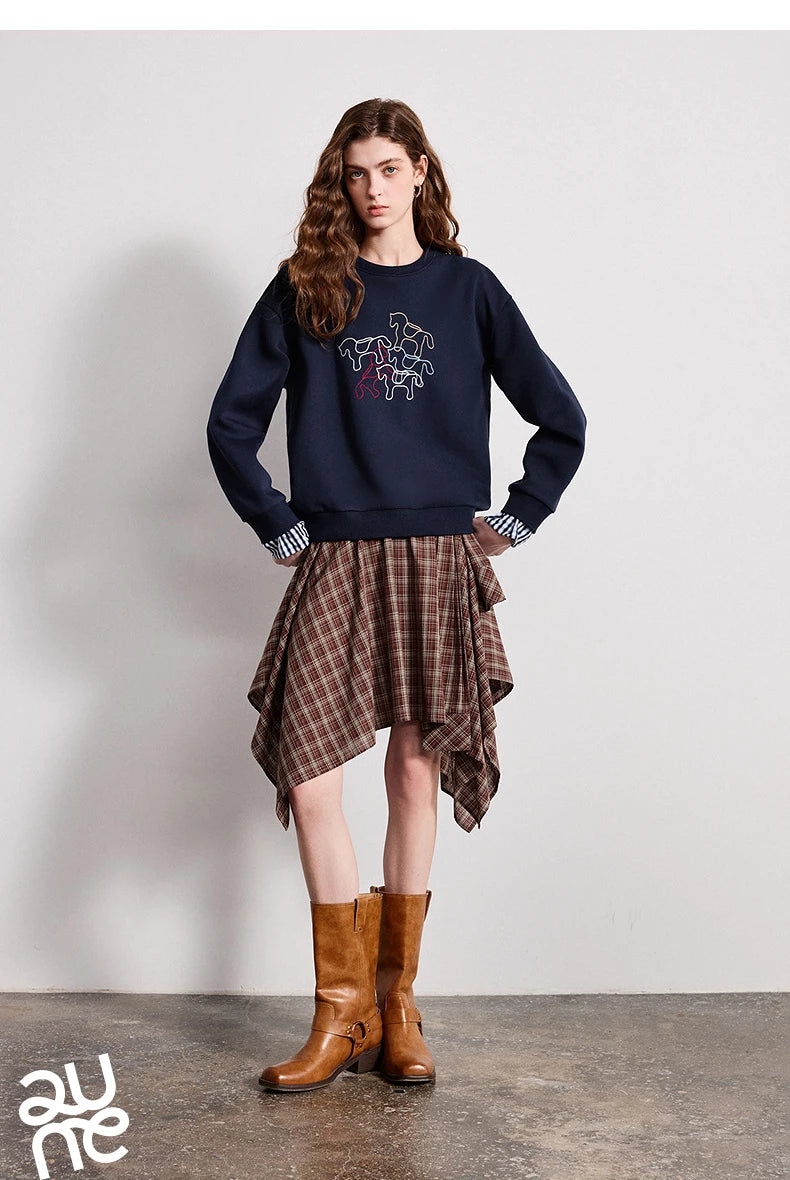 Crewneck Embroidered Patchwork Sweatshirt