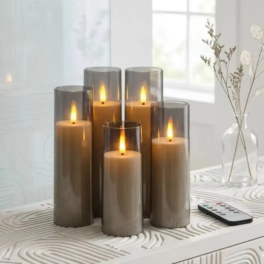 Gray-Brown LED Candle Set of 5 with Remote Control