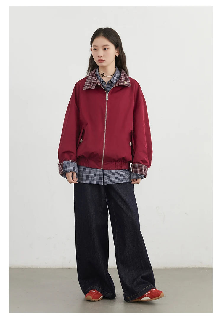Reversible Plaid &amp; Solid Stand Collar Jacket