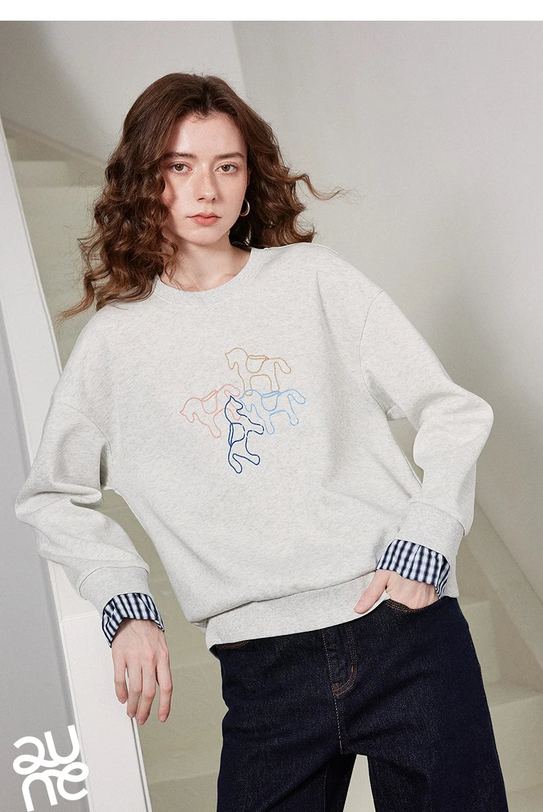 Crewneck Embroidered Patchwork Sweatshirt