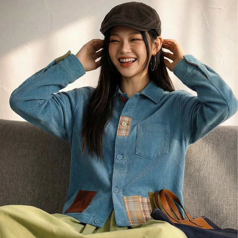 Contrast-Panel Corduroy Shirt Jacket