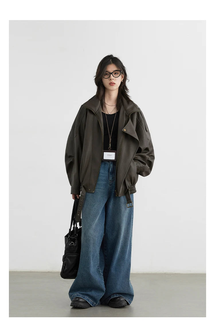 Oversized Retro PU Leather Jacket