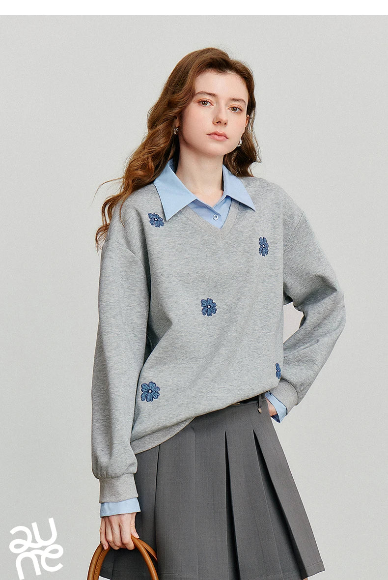 Layered Collared Embroidered Sweatshirt