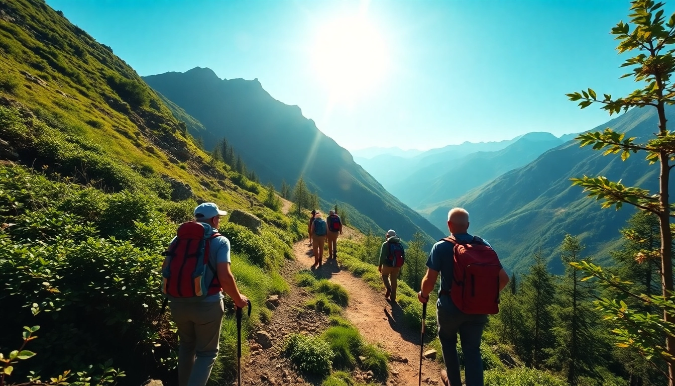 Guided trek through scenic mountain landscape with hikers and knowledgeable guide, highlighting adventure and natural beauty.