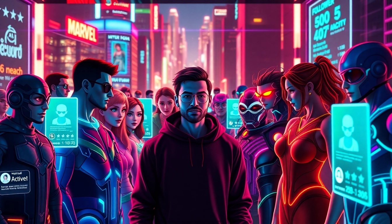 Futuristic virtual social environment with avatars from various fandoms interacting in a neon-lit cityscape.