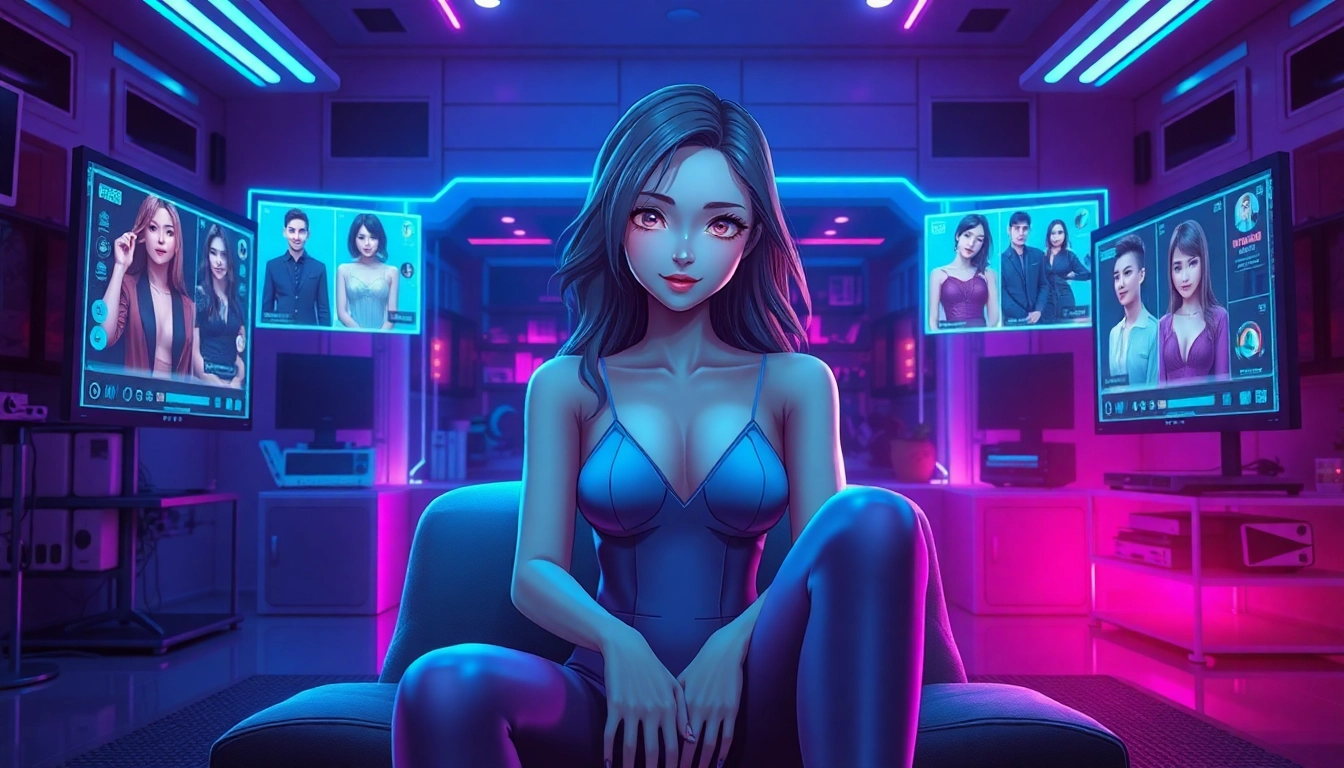 Futuristic room with a hyper-realistic female AI figure, neon lighting, and holographic displays, evoking intimacy and advanced technology.