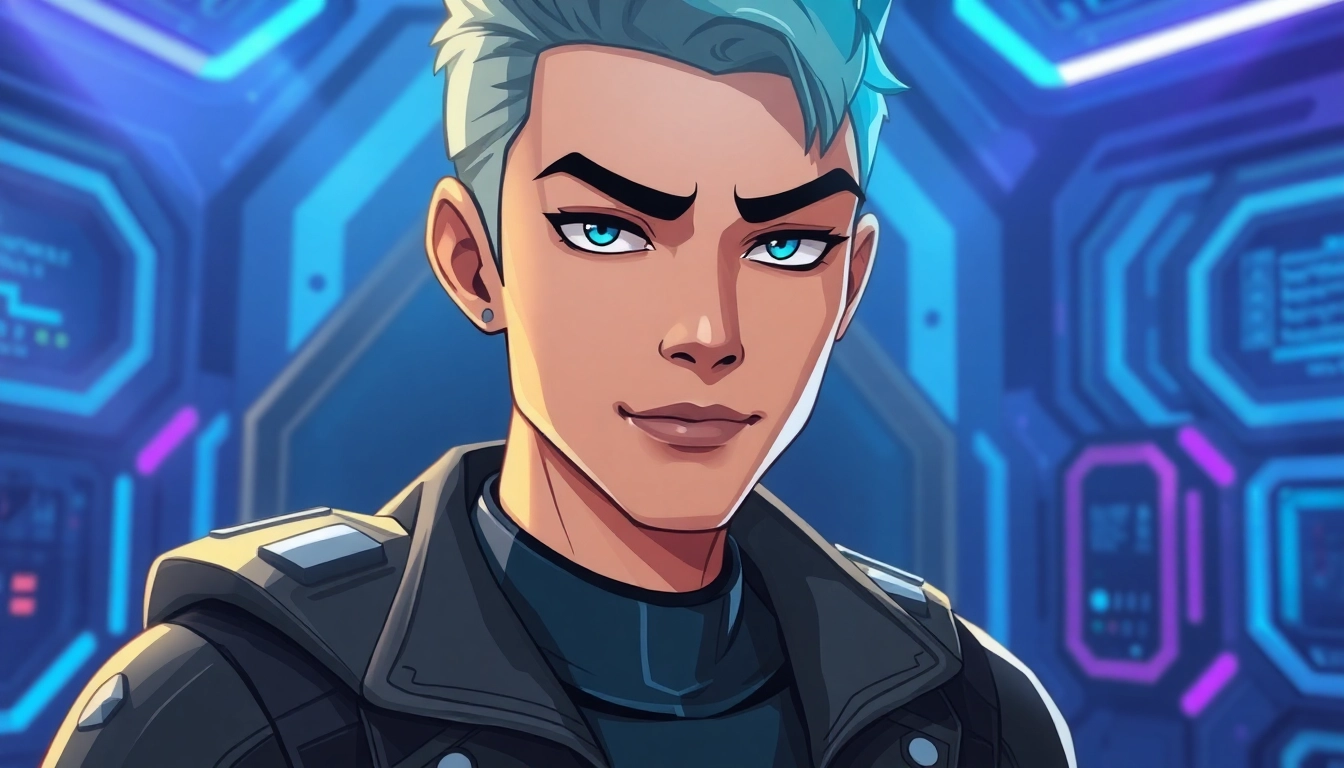 Futuristic AI character with holographic interface in a high-tech environment