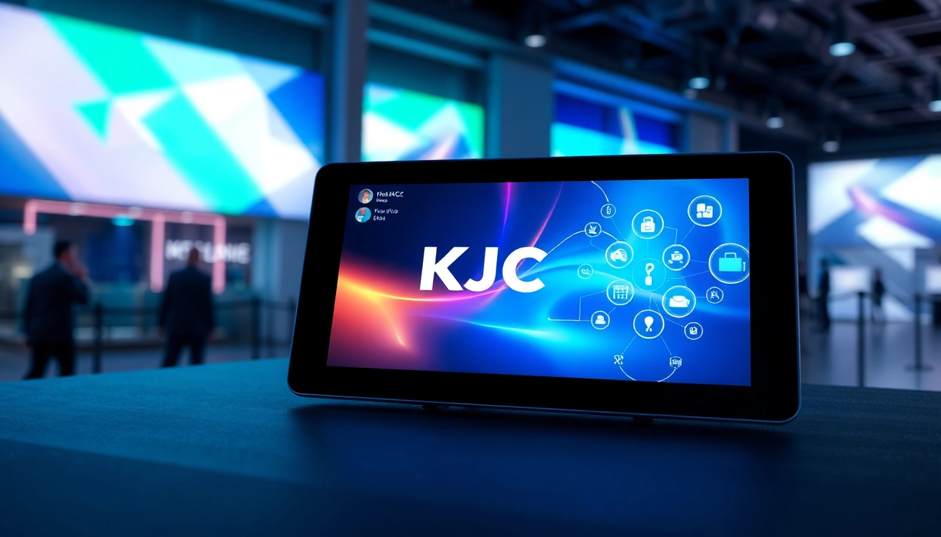 KJC leads the digital entertainment ecosystem with innovative tech and global partnerships, symbolized through a dynamic digital interface with vibrant colors, highlighting connectivity and innovation for accessible entertainment experiences.