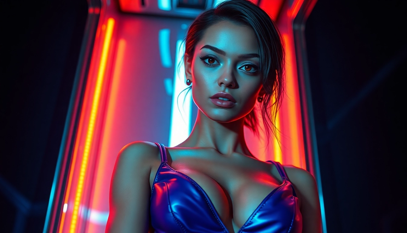 Digital artwork of an alluring AI character in a neon-lit, futuristic setting, emphasizing sensuality and high-tech ambiance.