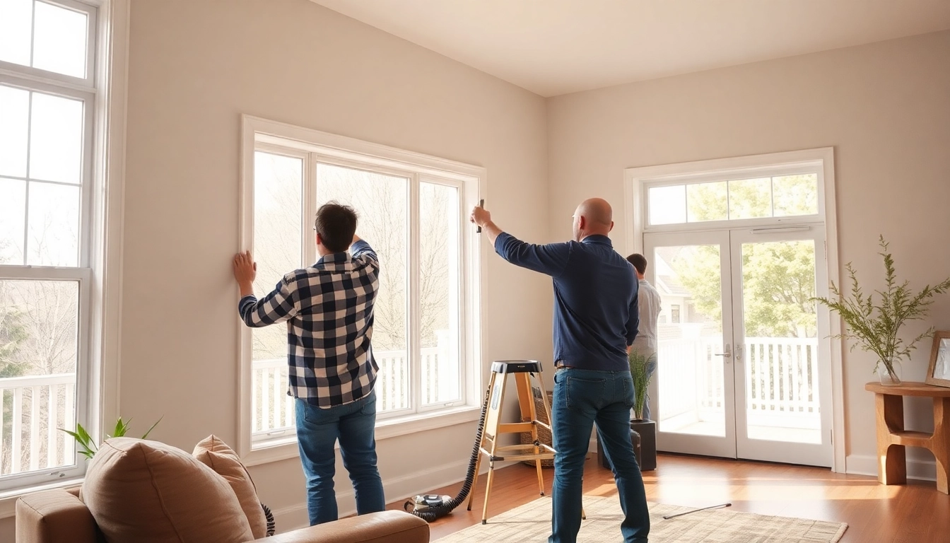 Window contractors near me in action: pros installing a replacement window for a home