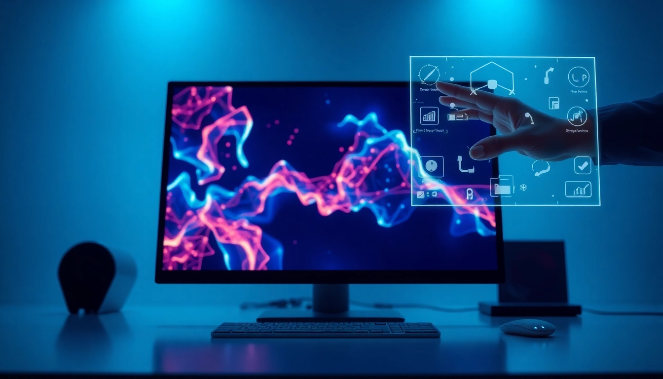 Futuristic digital workspace with holographic image editing tools and vibrant AI-generated visuals.