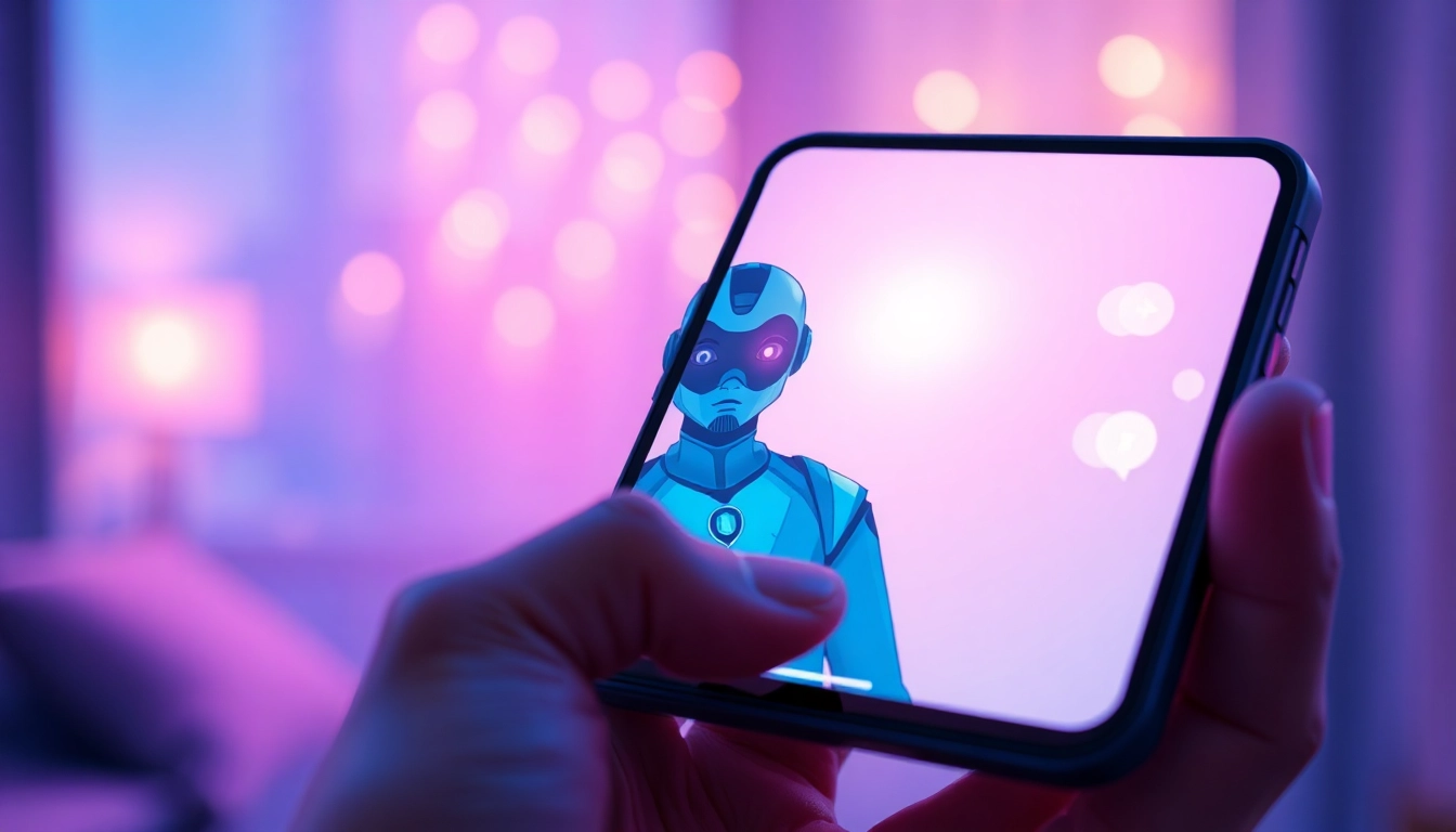 Close-up of a smartphone displaying a customizable AI character in a futuristic, glowing interface.