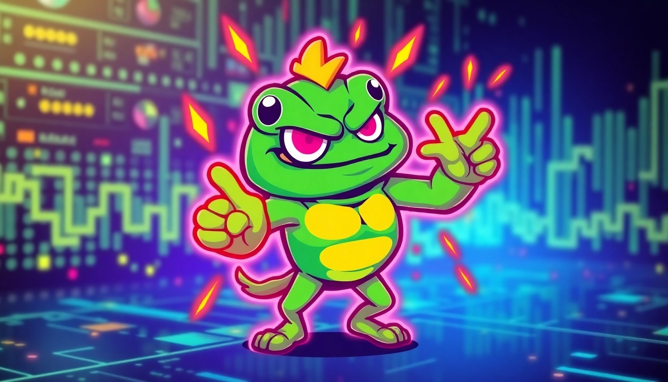 Dynamic Angry Pepe Token mascot engaging with blockchain and GambleFi gaming elements for
