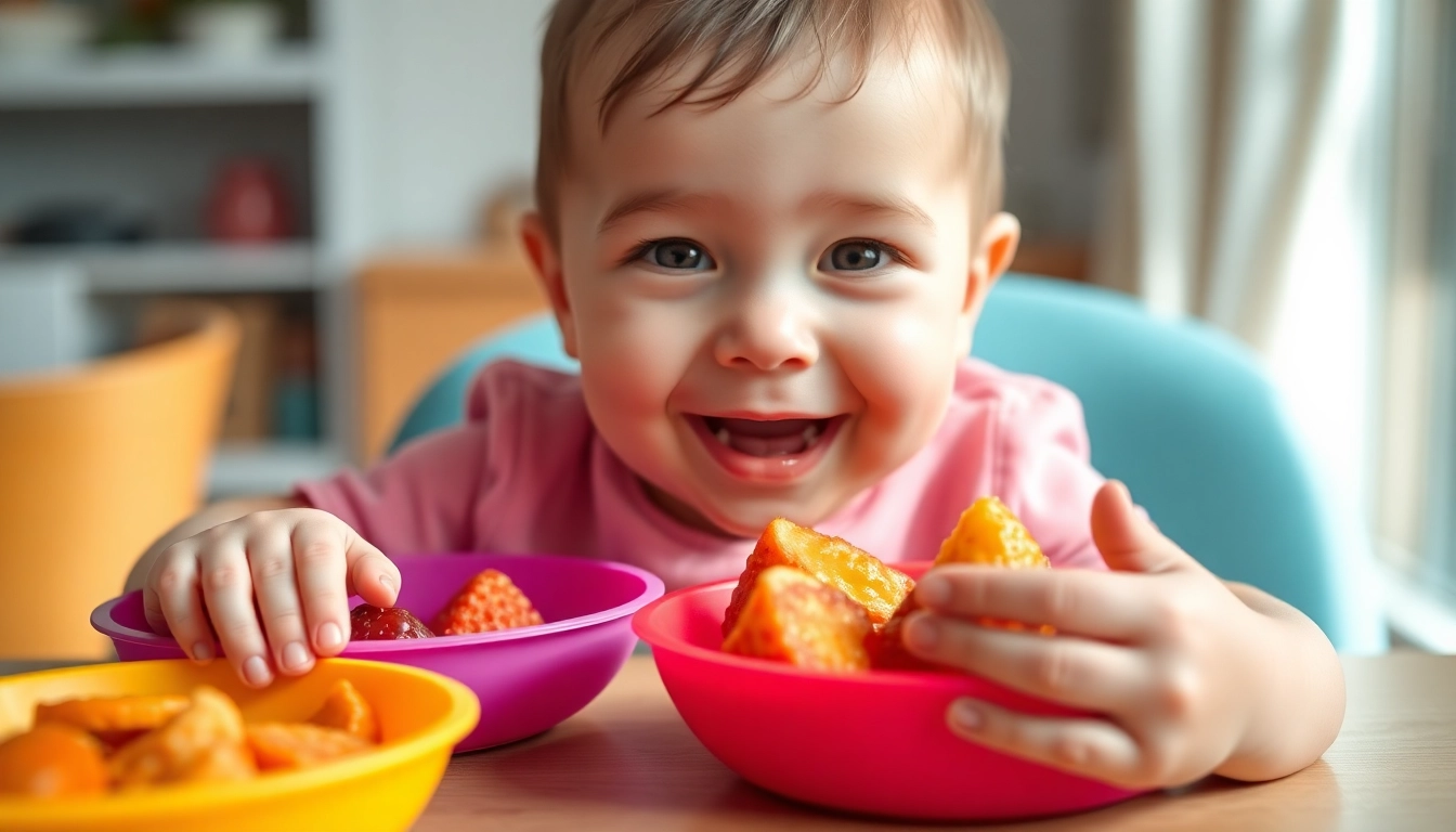 Healthy baby food Made in Italy served on colorful silicone plates with a smiling baby enjoying