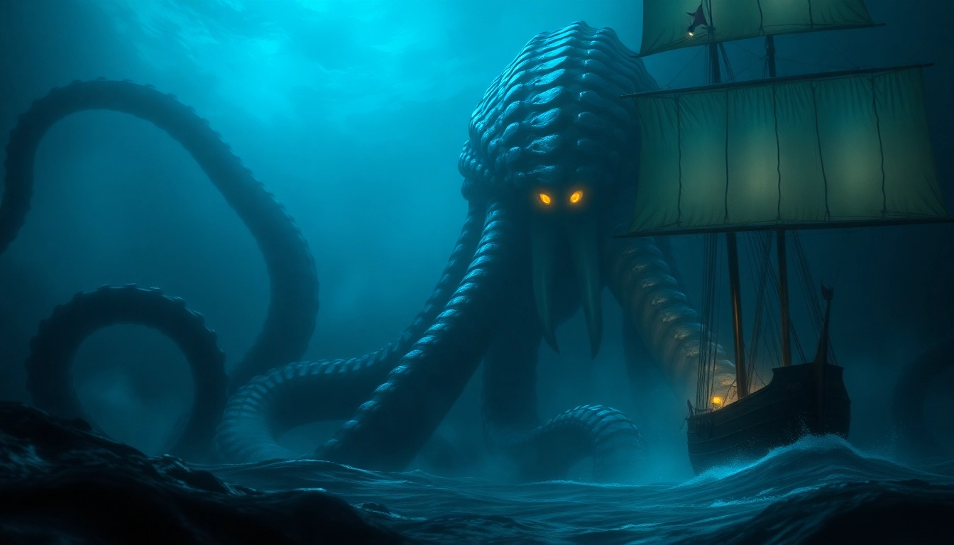 Kraken showing giant tentacle grasping ship in deep ocean, emphasizing size and mystery