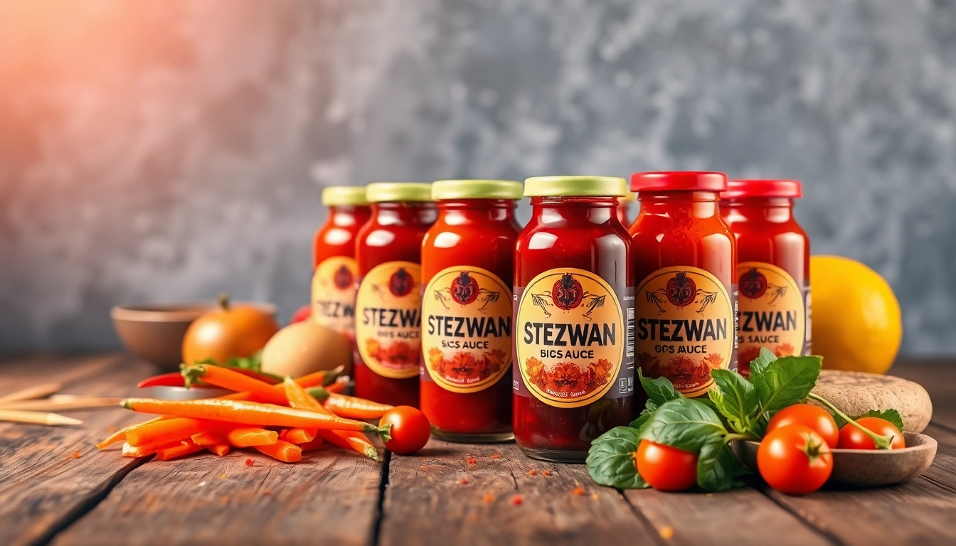 Schezwan Sauce packaging with fresh chili peppers and garlic for bold flavor